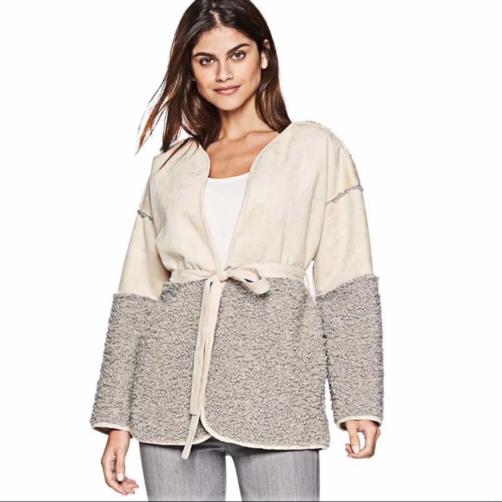 Ivory Suede Leather Gray Sherpa Front Pockets Winter Wrap Coat by Lucky Brand